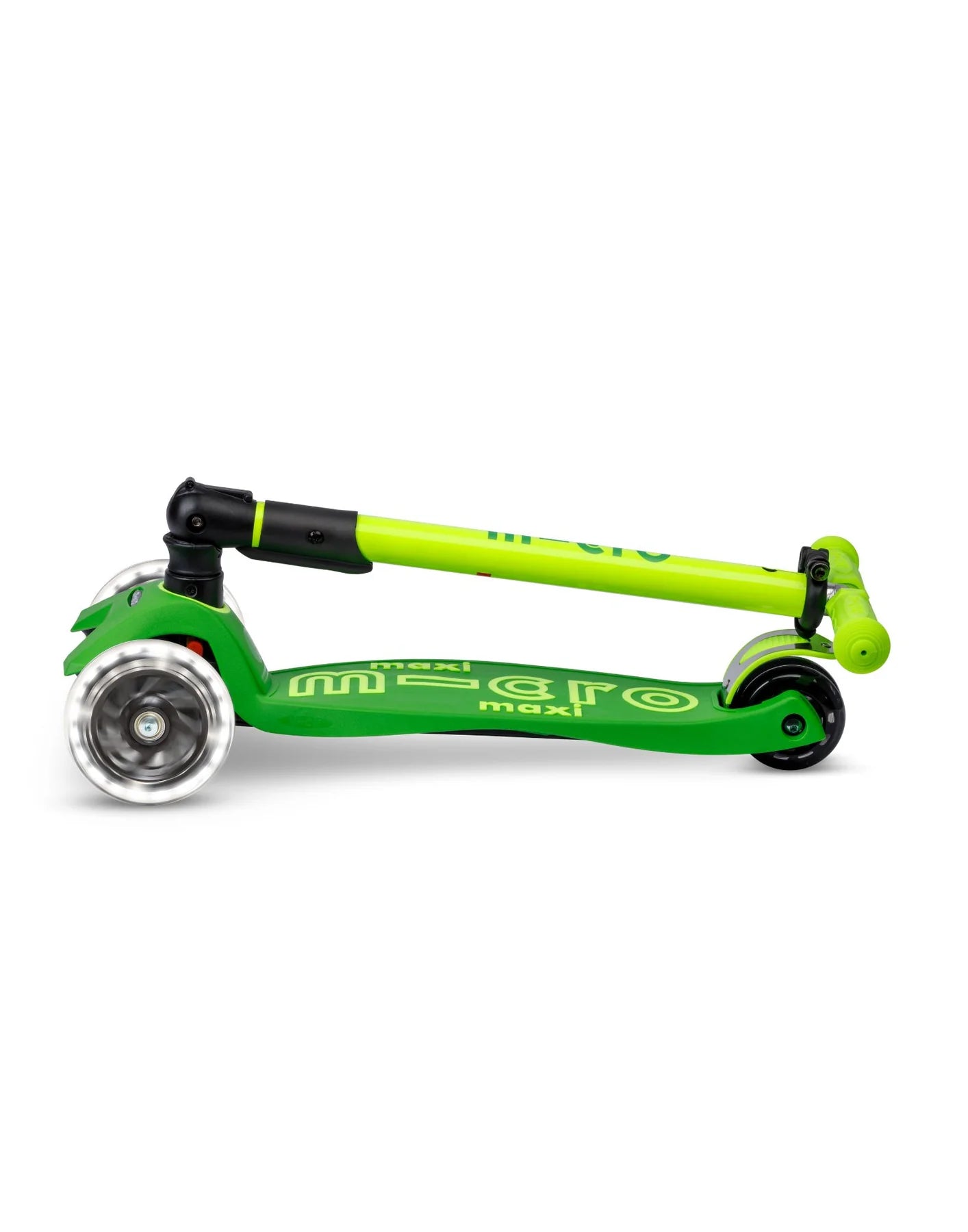 Maxi Micro Deluxe Foldable Neon Scooter - LED Light Up Wheels - Parrot Green - 5-12 years