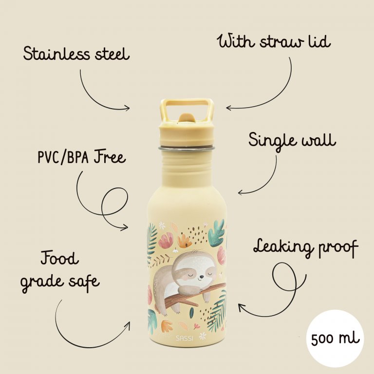 Stainless Steel Drink Bottle 500ml - Gnawy the Sloth