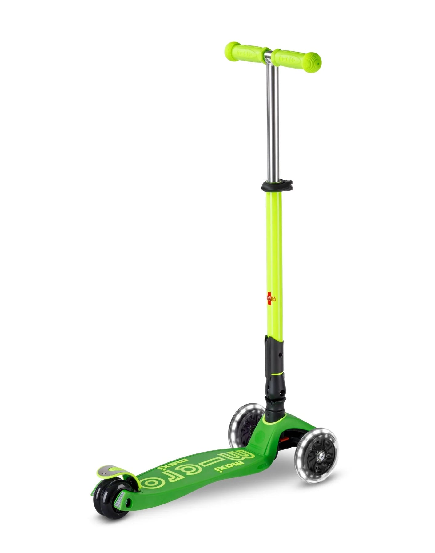Maxi Micro Deluxe Foldable Neon Scooter - LED Light Up Wheels - Parrot Green - 5-12 years