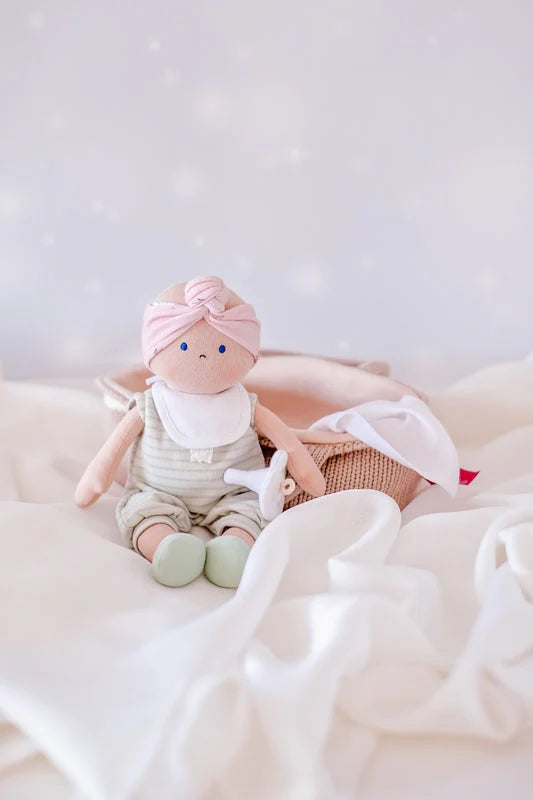Soft Baby Doll in Knitted Carry Cot with Dummy and Blanket