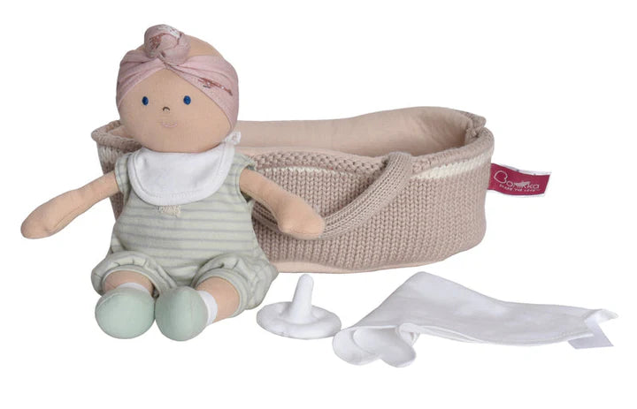 Soft Baby Doll in Knitted Carry Cot with Dummy and Blanket