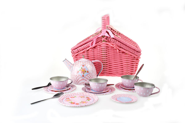 Kaper Kidz - Floral Tin Tea Set in Picnic Basket