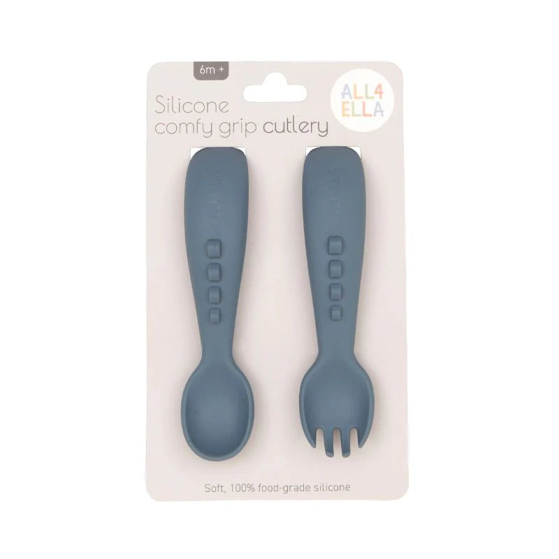 Comfy Grip Silicone Cutlery Set - Slate Blue - Toot Toot Toys