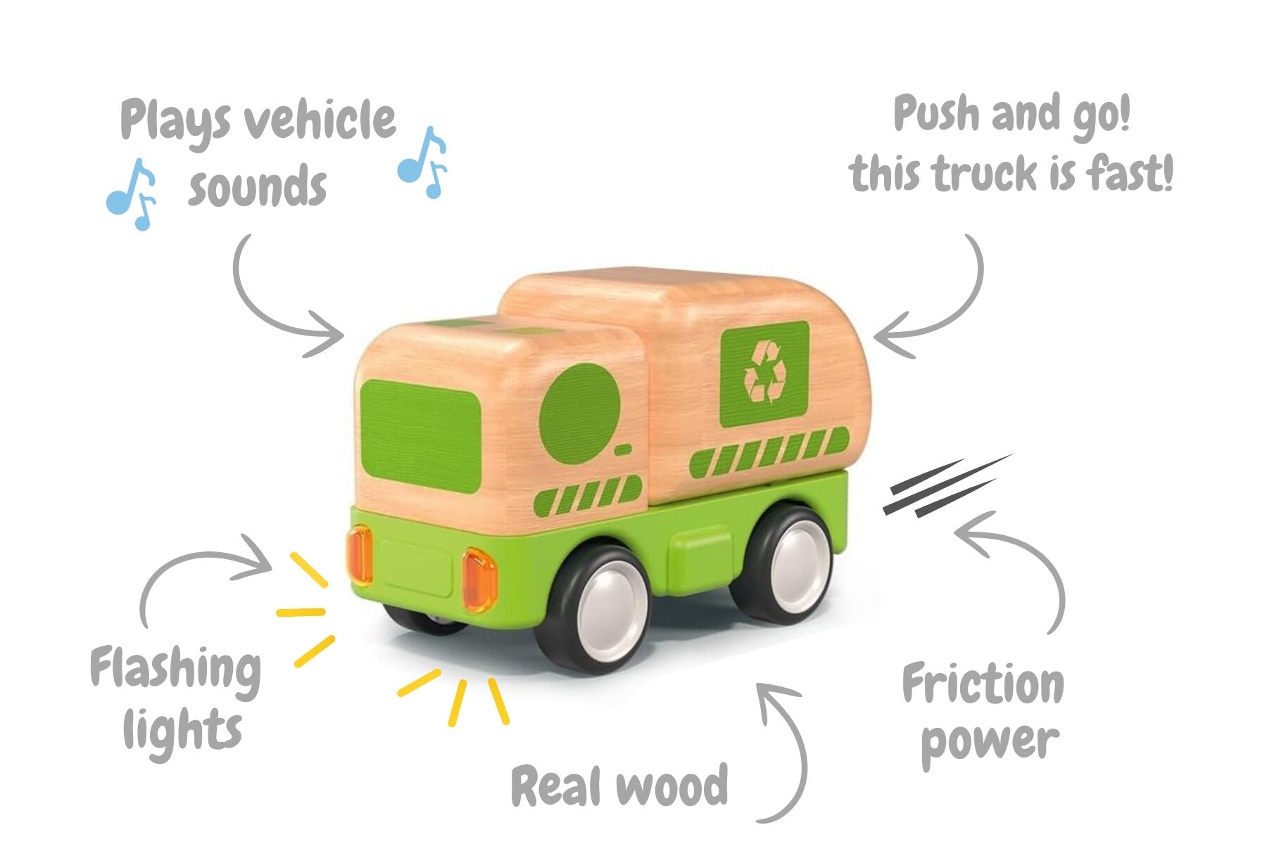 Wooden Friction Work Truck With Sound And Light - Recycling Truck