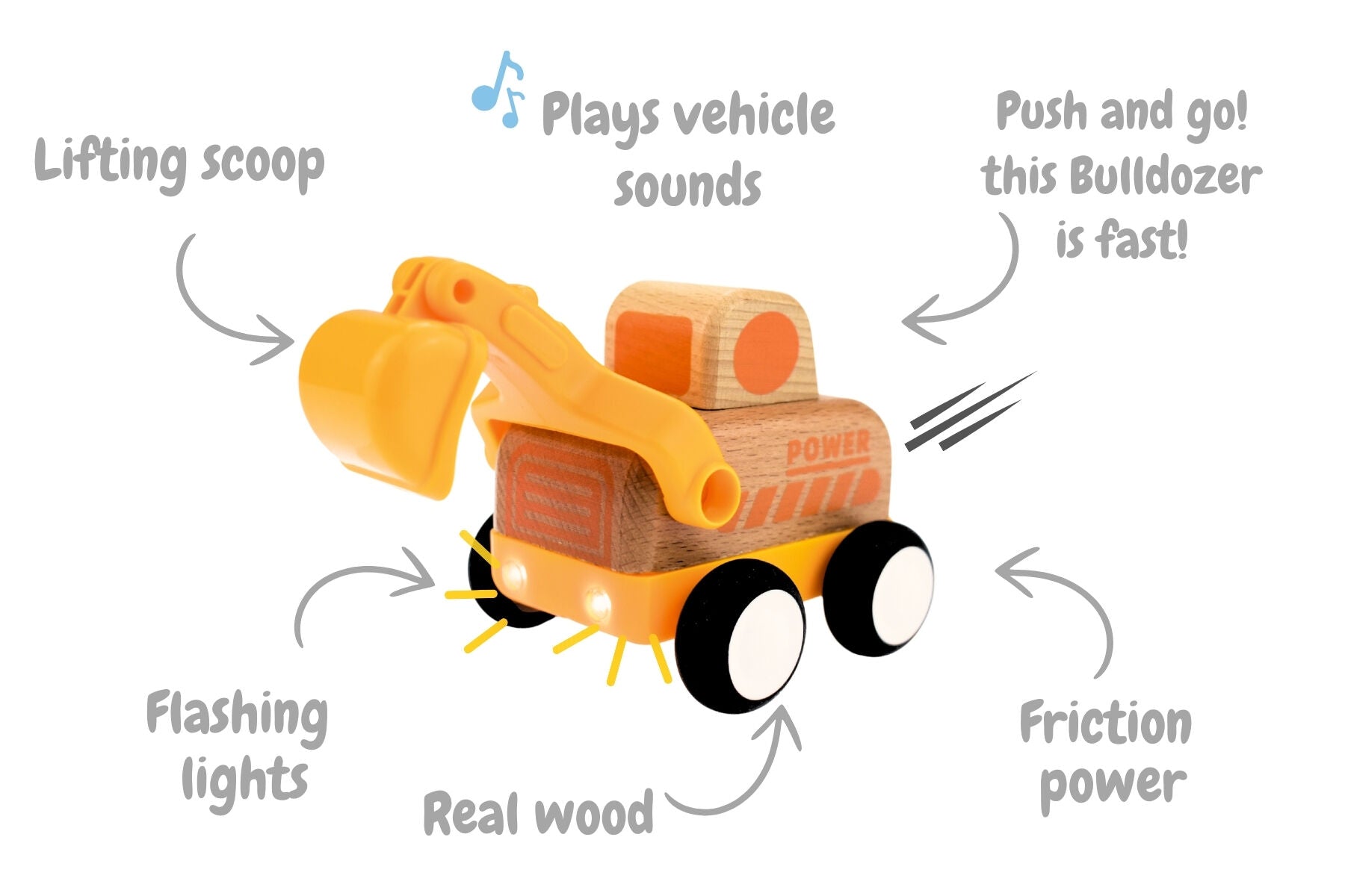 Wooden Friction Work Truck With Sound And Light - Digger