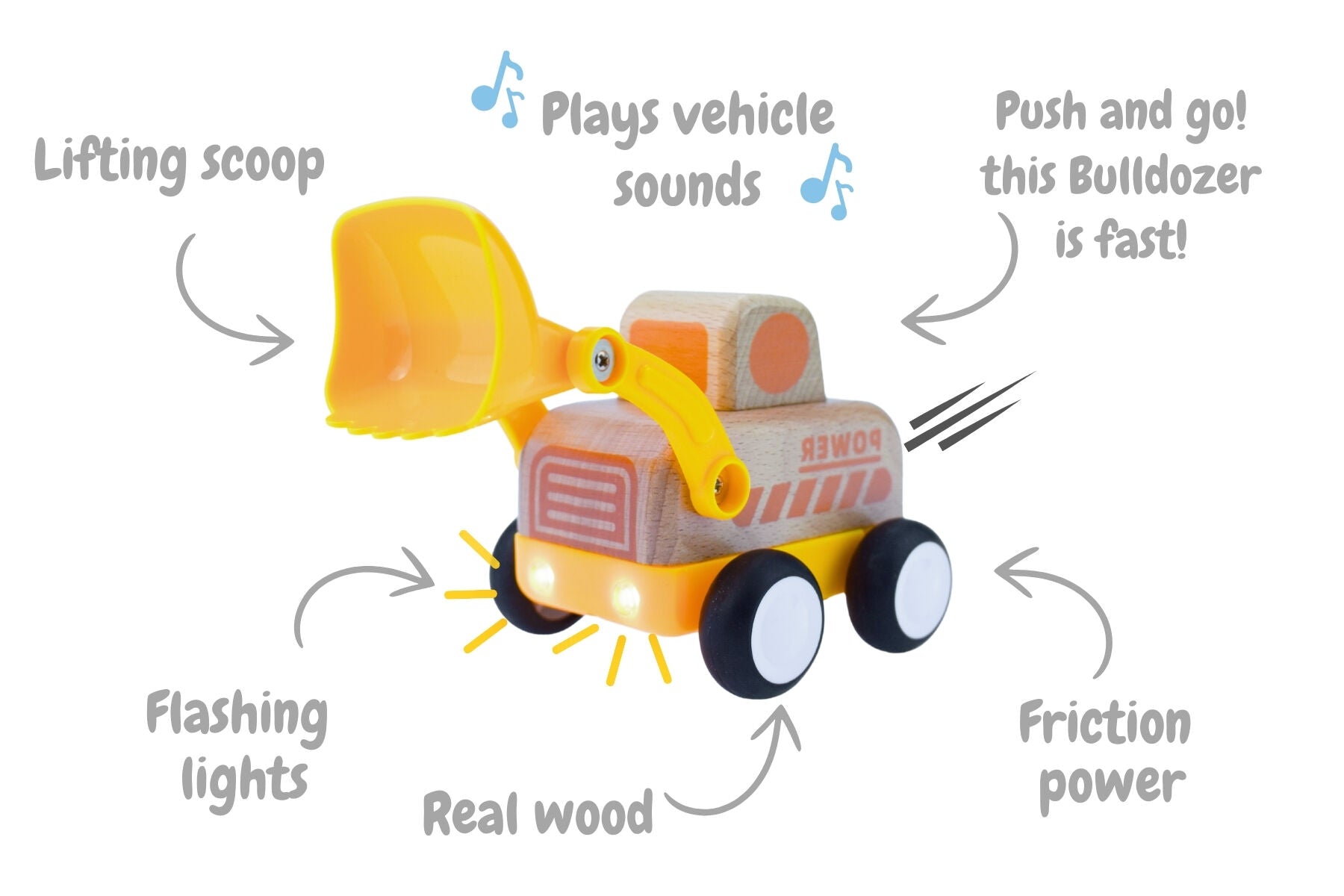 Wooden Friction Work Truck With Sound And Light - Bulldozer