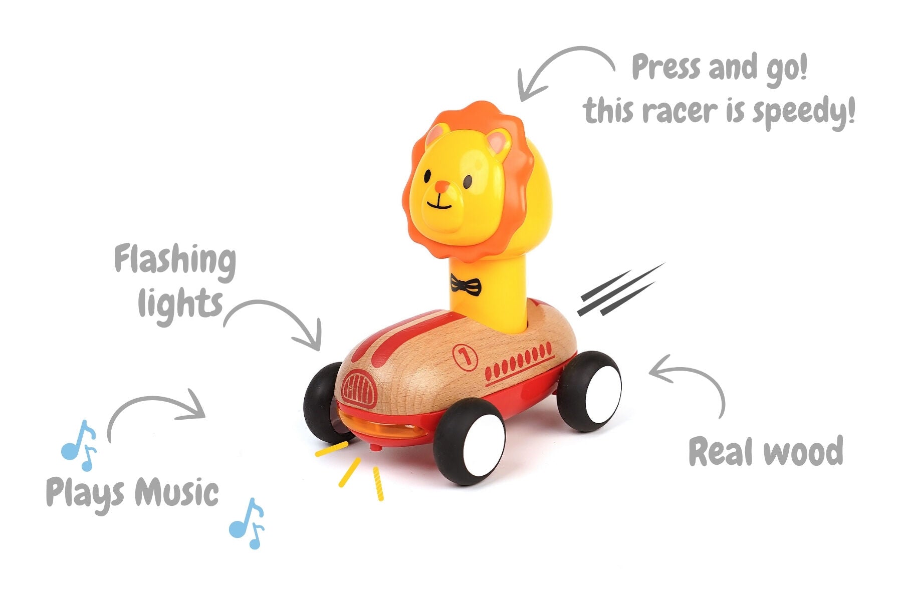 Wooden Press Go Racer With Sound And Light - Lion