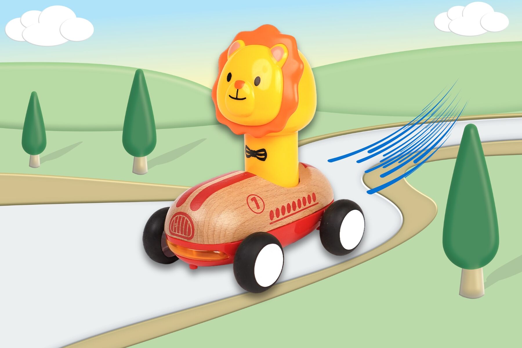 Wooden Press Go Racer With Sound And Light - Lion