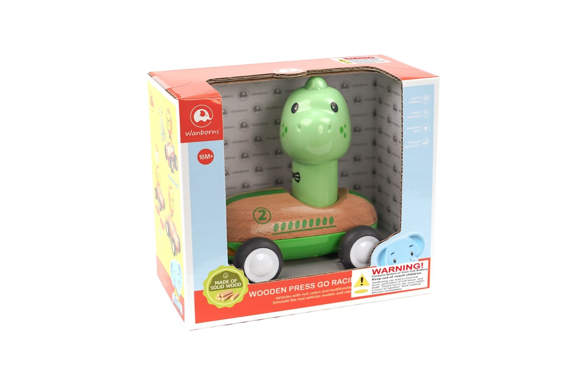 Wooden Press Go Racer With Sound And Light - Dinosaur