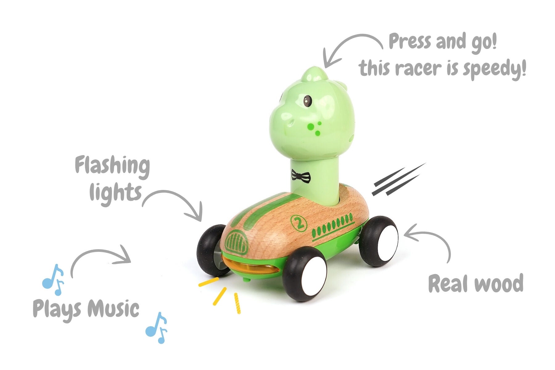 Wooden Press Go Racer With Sound And Light - Dinosaur