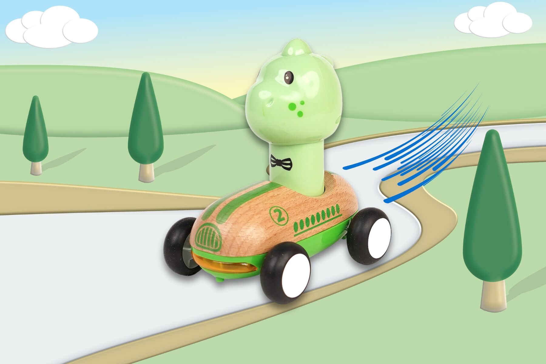 Wooden Press Go Racer With Sound And Light - Dinosaur