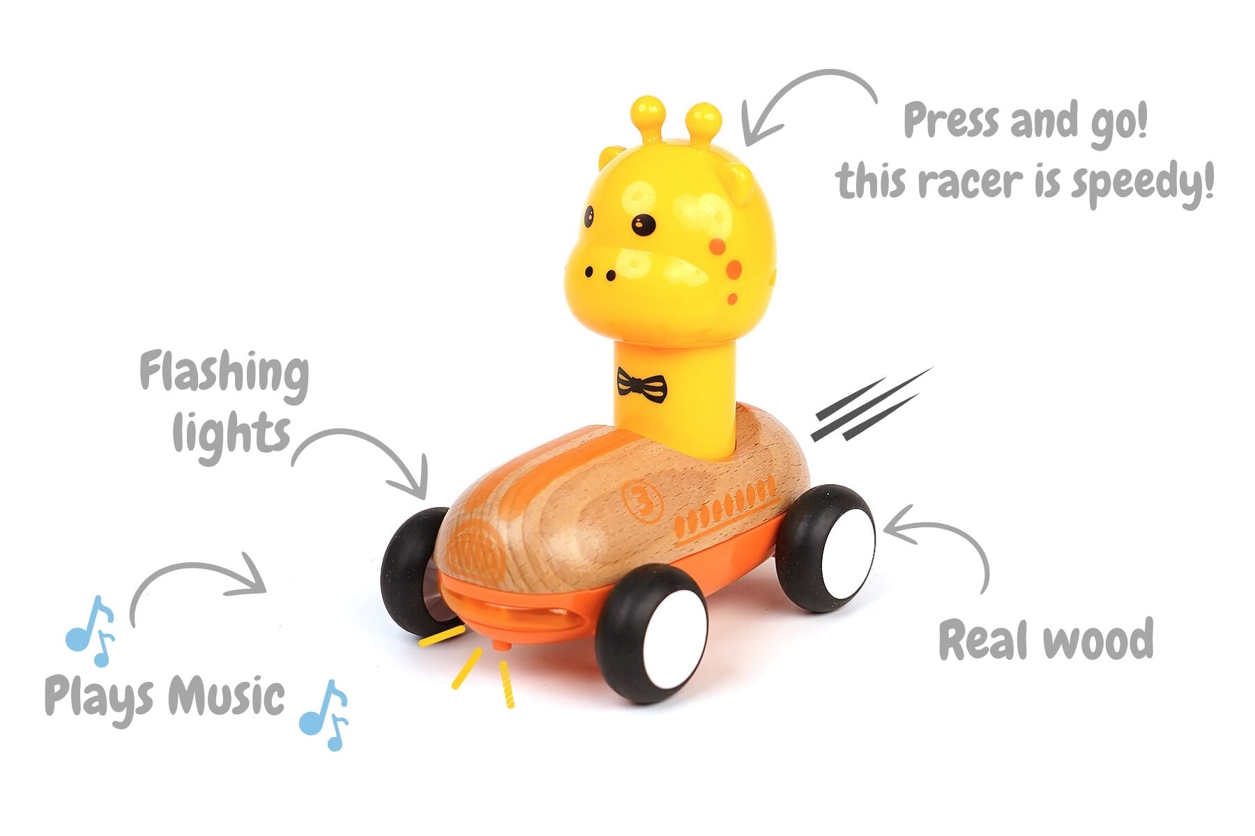 Wooden Press Go Racer With Sound And Light - Giraffe