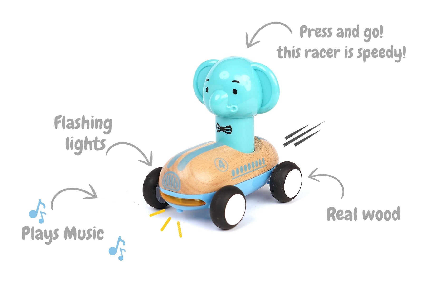 Wooden Press Go Racer With Sound And Light - Elephant