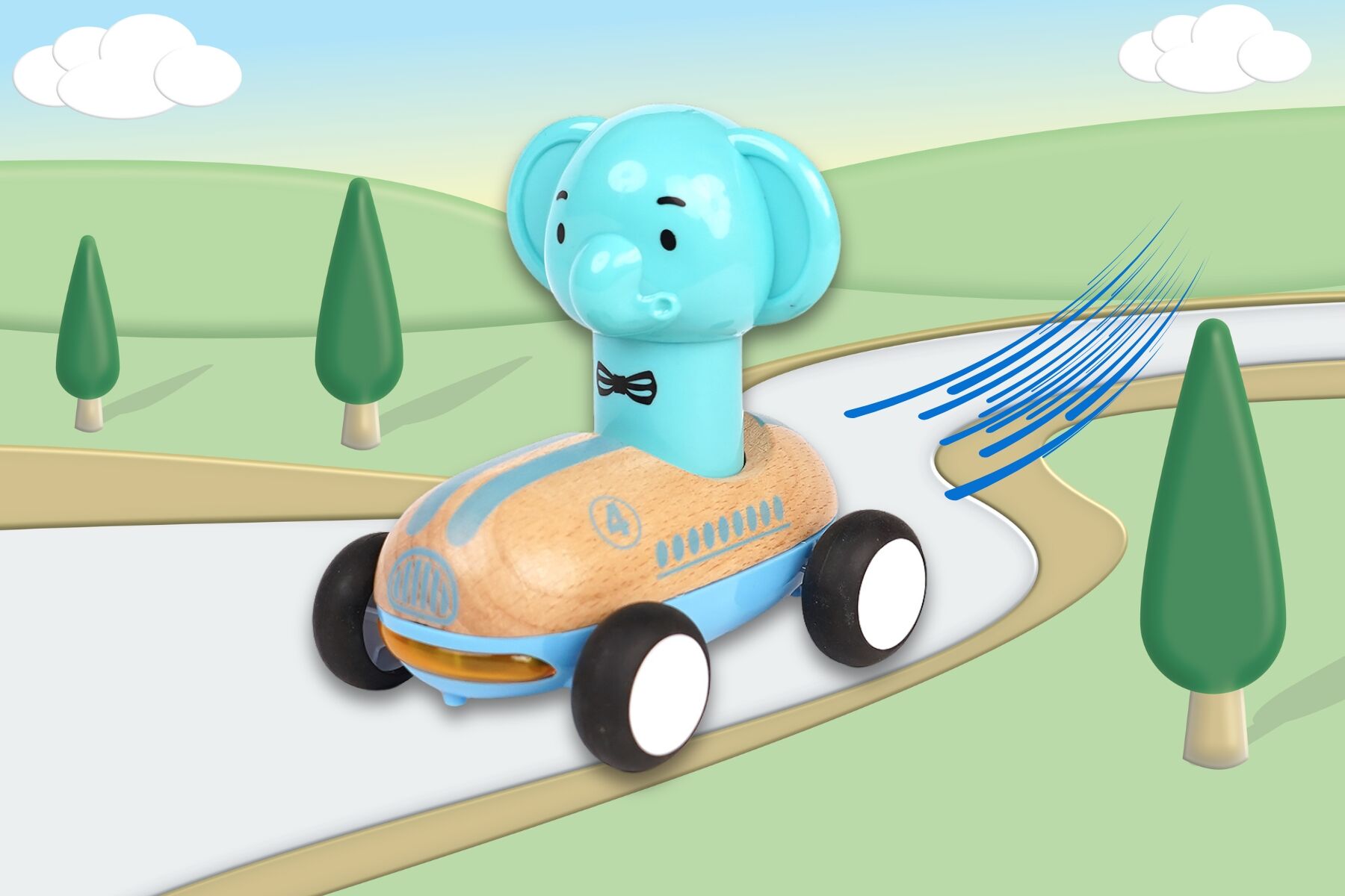 Wooden Press Go Racer With Sound And Light - Elephant