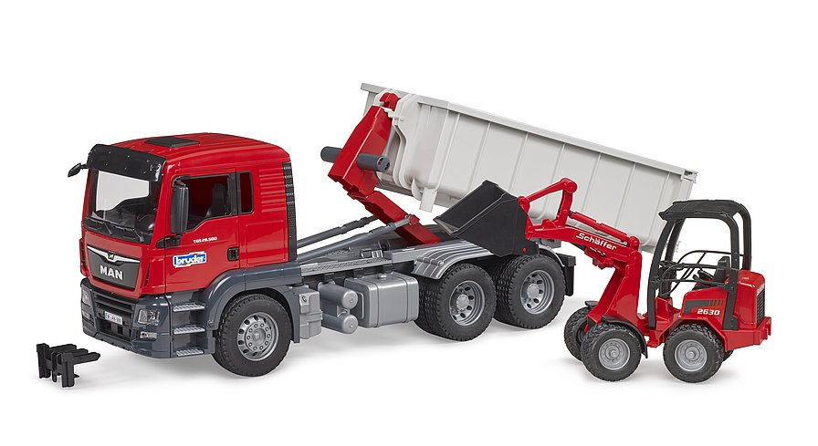 1:16 MAN TGS Truck with Roll-Off Container and Schäffer Compact Loader (03767)
