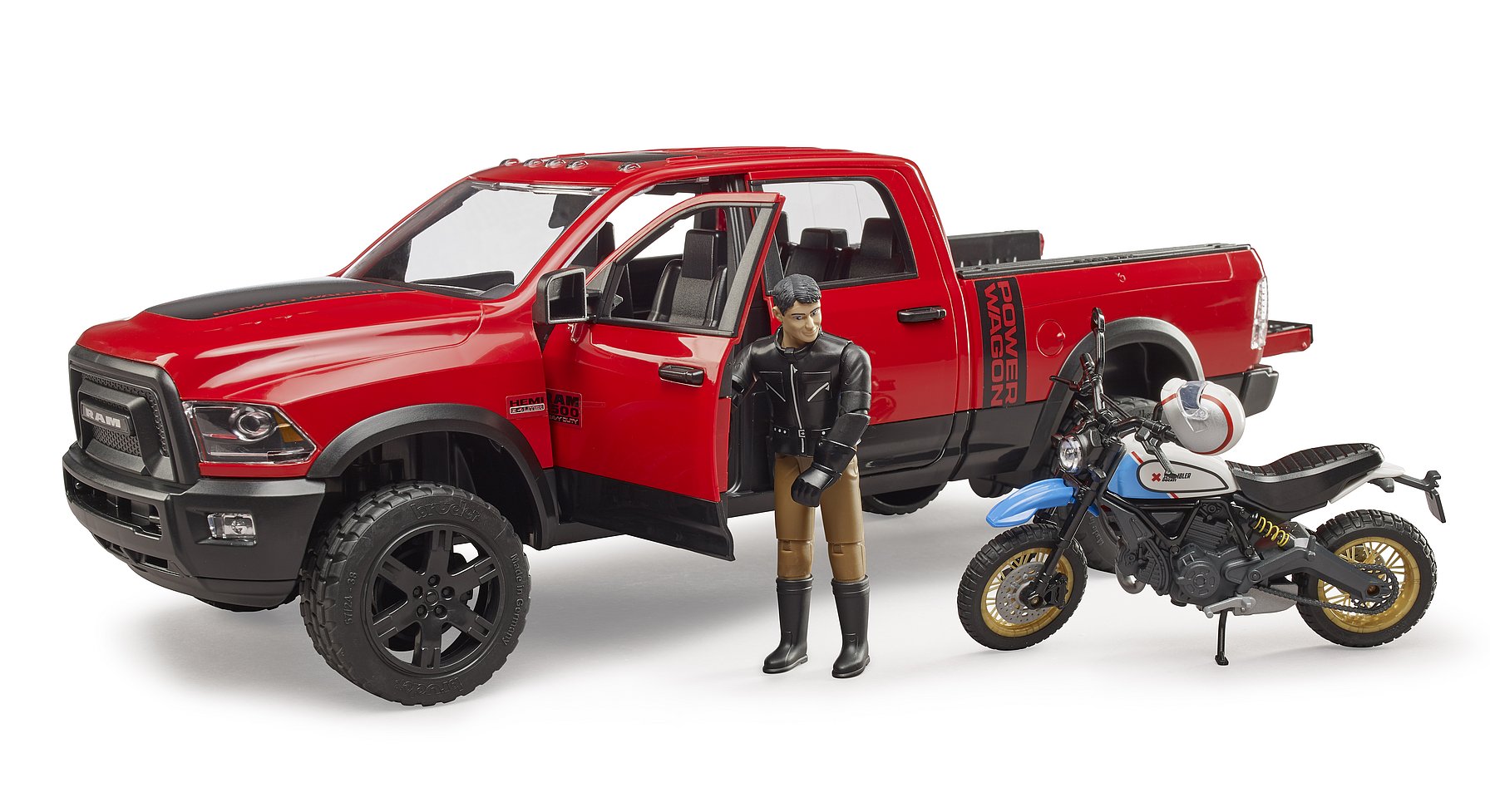 Bruder - BR1:16 RAM 2500 Power Wagon with Scrambler Ducati Desert Sled (02502) - Toot Toot Toys