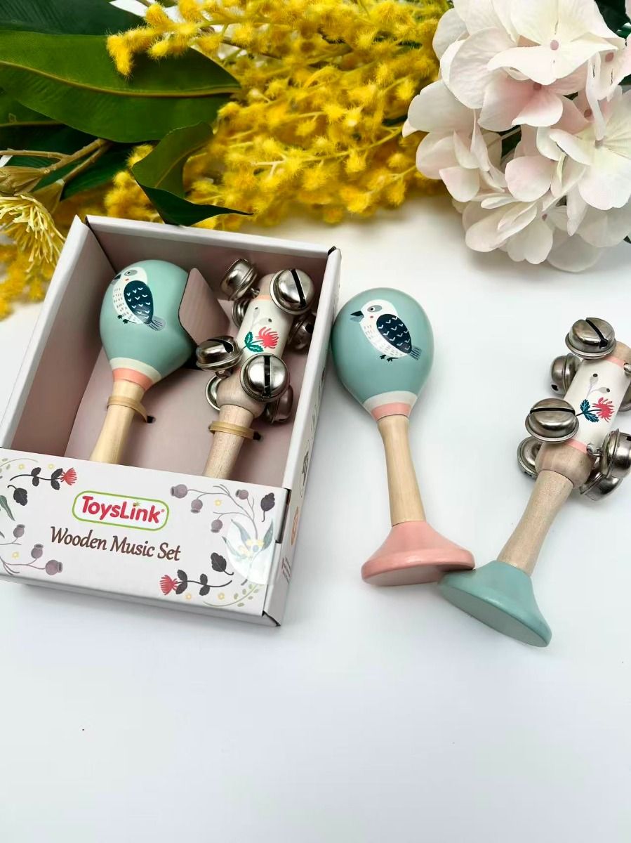 Wooden Kookaburra Maracas & Waratah Jingle Stick Musical Set