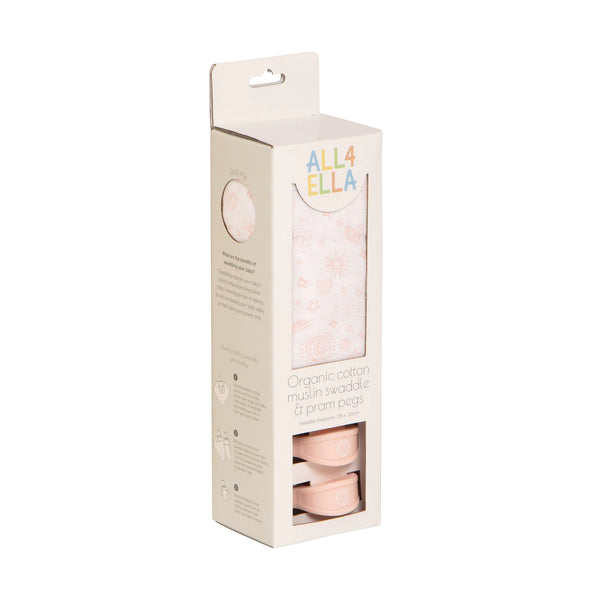 All4Ella - Organic Muslin Wrap & 2 Pram Peg Box Set - Sweet Blush