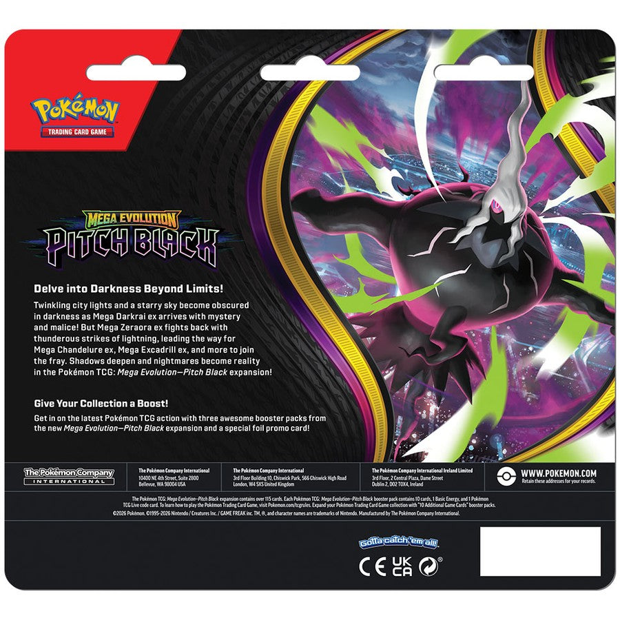 JULY 17 RELEASE Pokémon TCG: Mega Evolution - Pitch Black Three-Booster Blister (*Max 1 per customer) - Toot Toot Toys