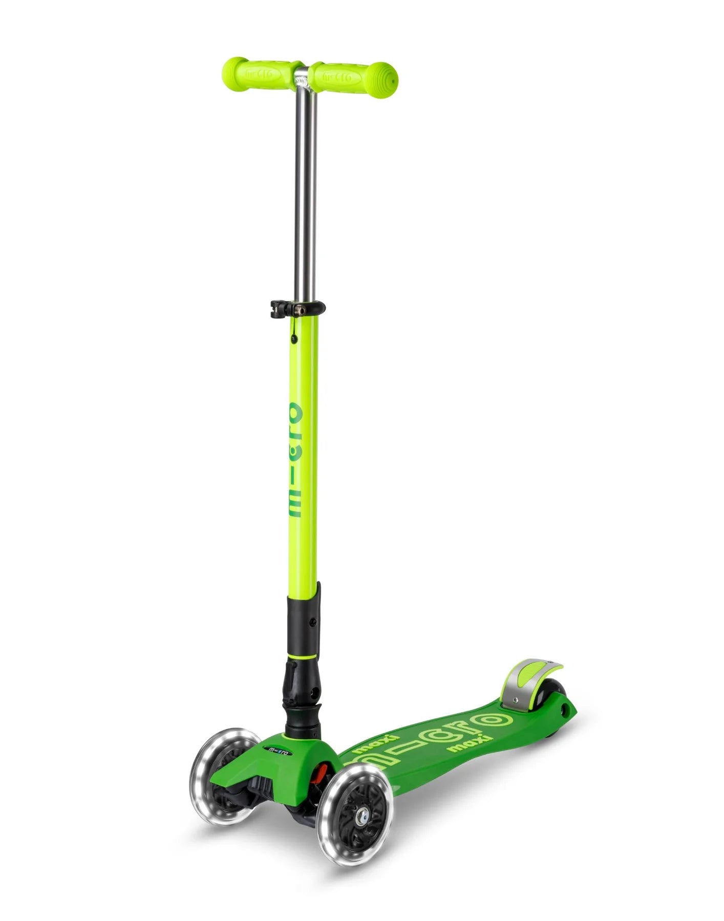Maxi Micro Deluxe Foldable Neon Scooter - LED Light Up Wheels - Parrot Green - 5-12 years