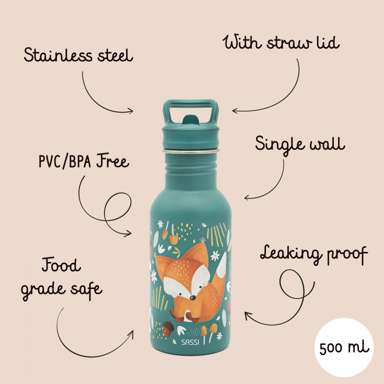 Stainless Steel Drink Bottle 500ml Crunchy the Fox