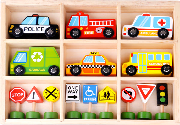Tooky Toy - Wooden Transportation Vehicles & Street Signs Set