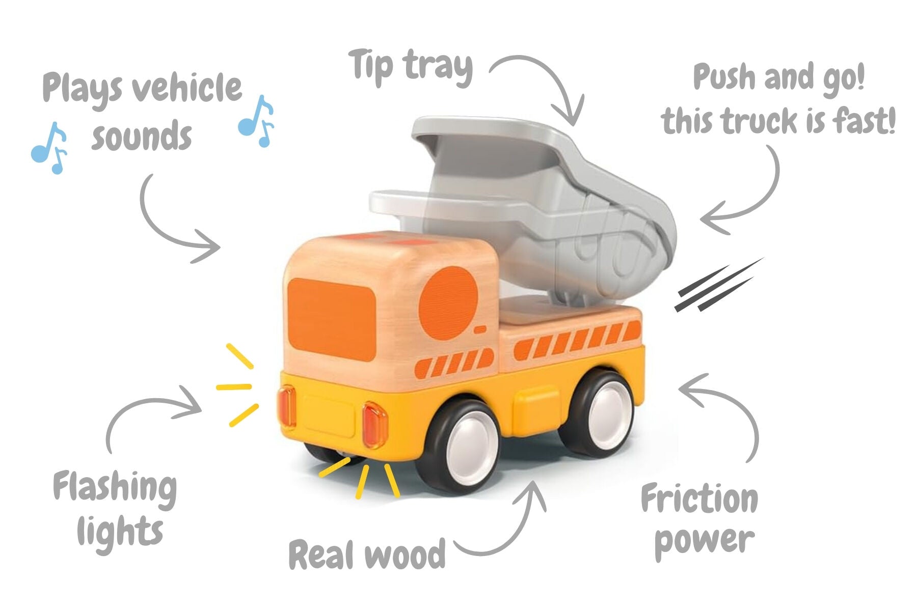 Wooden Friction Work Truck With Sound And Light - Dump Truck