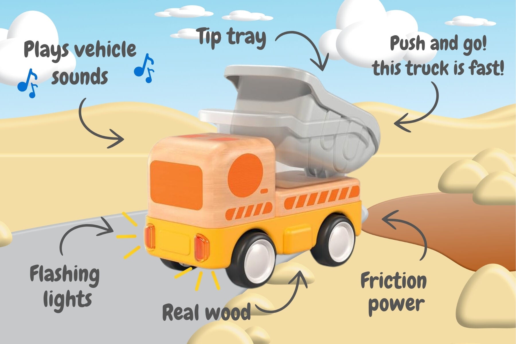 Wooden Friction Work Truck With Sound And Light - Dump Truck