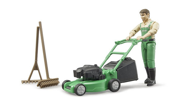 Bruder - Bworld Figure - Gardener with Lawn Mower and Garden Tools (62103)