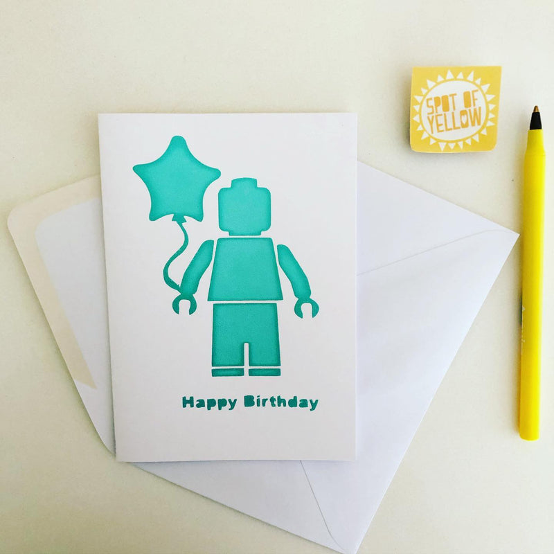 Birthday Card - Lego Man and Star Balloon Happy Birthday