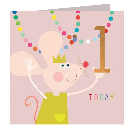 1st Birthday Card - 1 Today Mouse and Pompoms