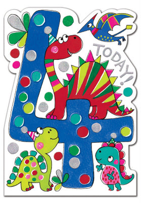 4th Birthday Card - 4 Today - Dinosaurs