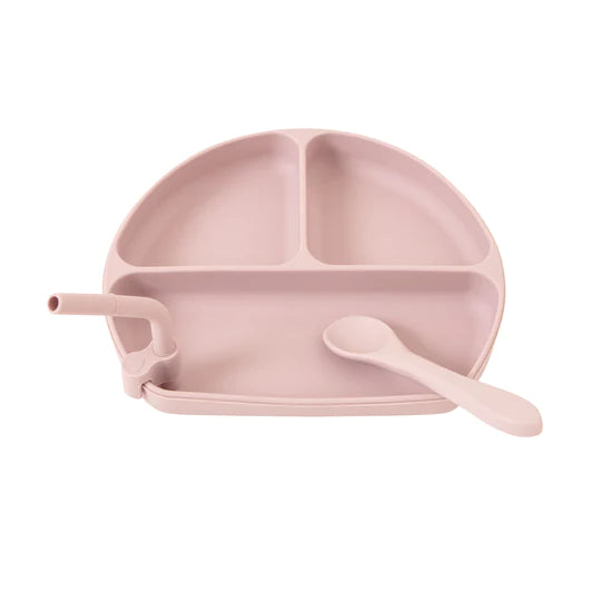 Silicone Plate with Straw and Spoon - Dusty Pink