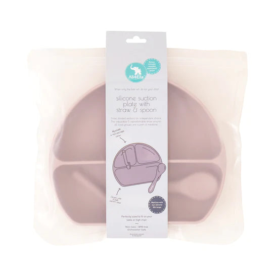 Silicone Plate with Straw and Spoon - Dusty Pink