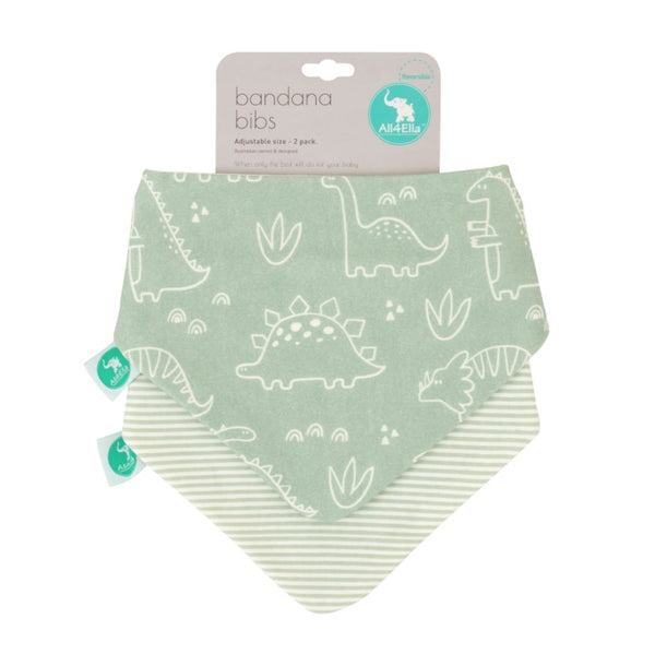 All4Ella - Bandana Bibs Reversible 2pk - Sage Dino