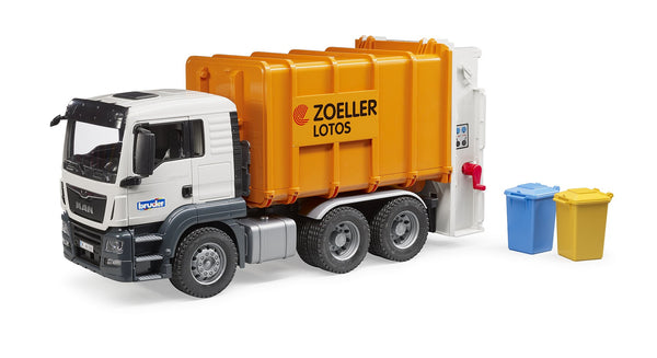 Bruder - BR1:16 MAN TGS Rear Loading Garbage Truck (orange) (03762) - Toot Toot Toys